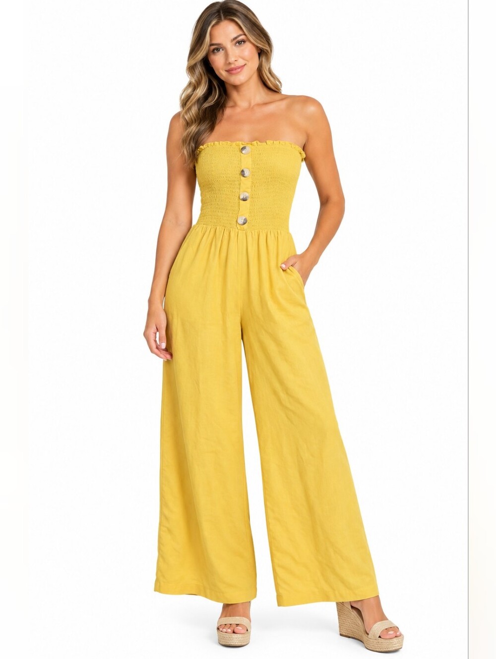 blue island NWT  Strapless Yellow Wide-Leg Jumpsuit with Button Front